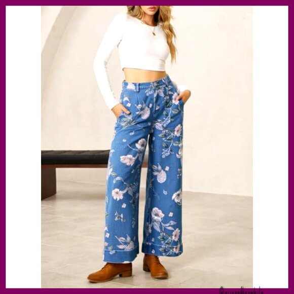 Women's Floral Baggy Wide Leg Jeans High Waisted Vintage Denim Pants - Picture 5 of 7